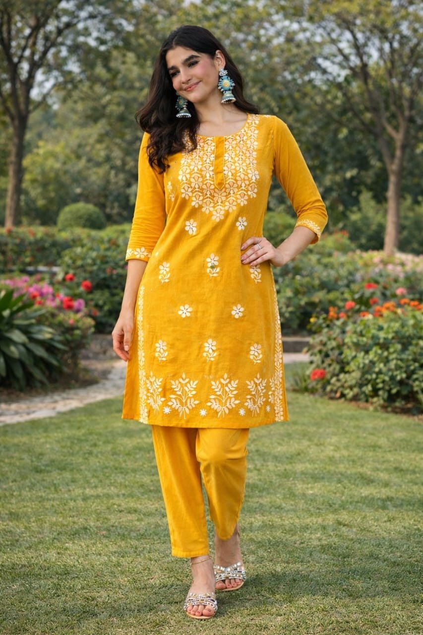Cotton Blen Kurta pant set yellow - Chikankari official