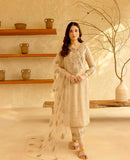 Cream Pakistani Pure Roman Silk Embroidered 3pc Set - Chikankari official
