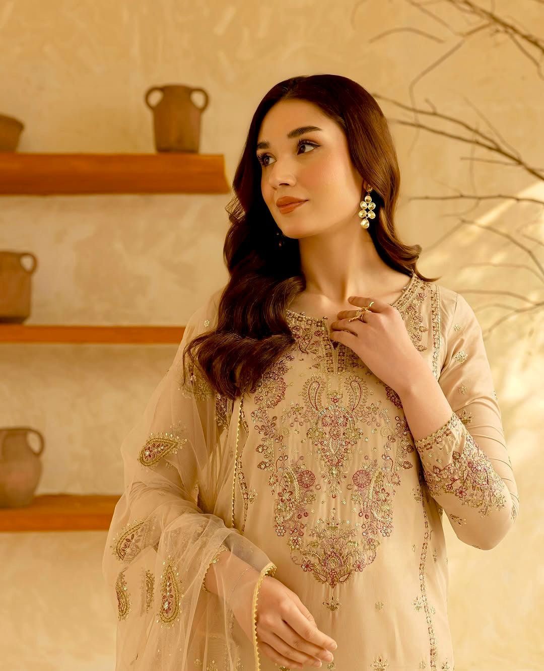 Cream Pakistani Pure Roman Silk Embroidered 3pc Set - Chikankari official