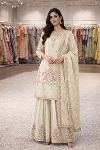 Cream silk 3pc designer Set - Chikankari official