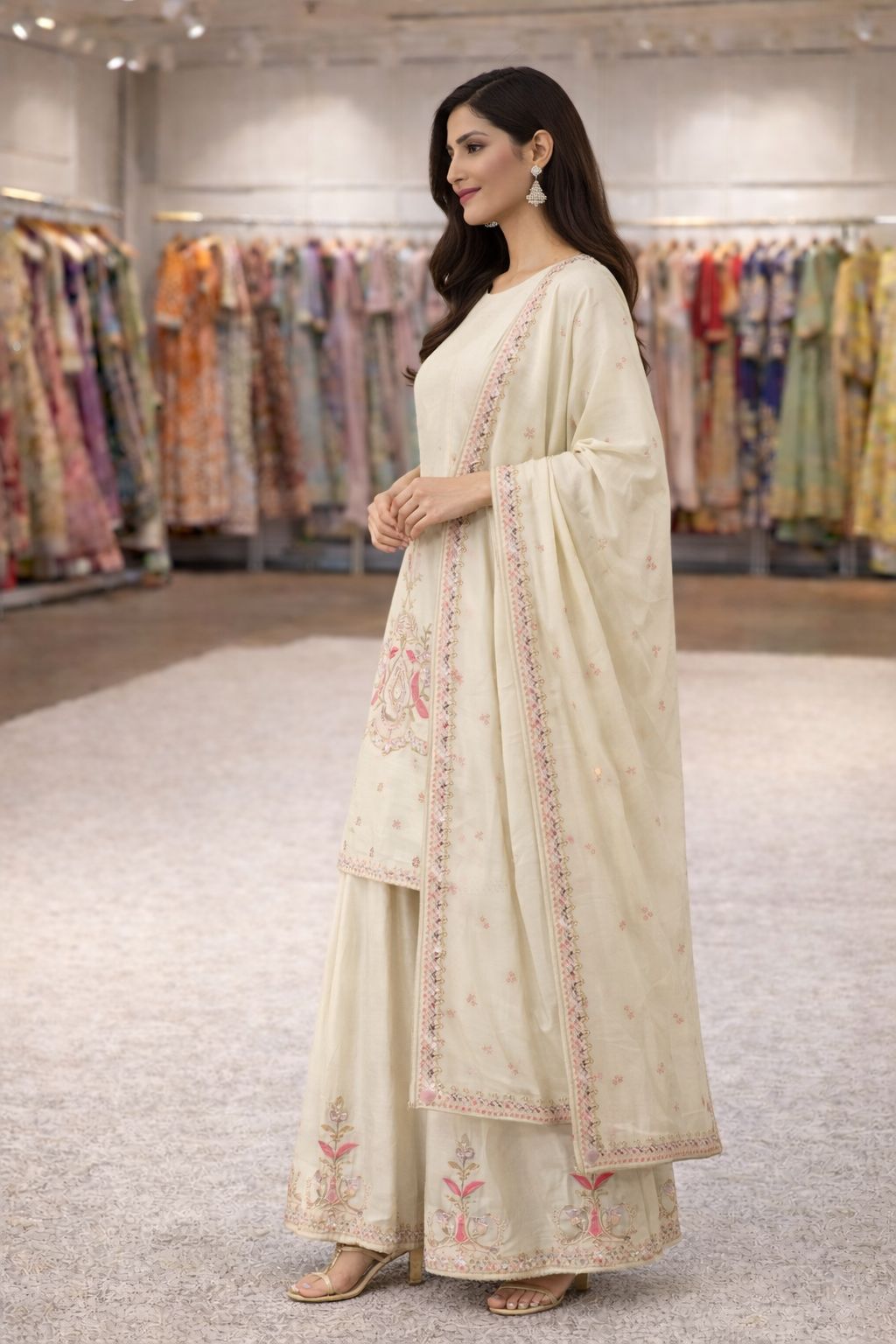 Cream silk 3pc designer Set - Chikankari official