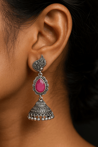 Crystal Cascade Chandbalis with Ruby Teardrops - Chikankari official