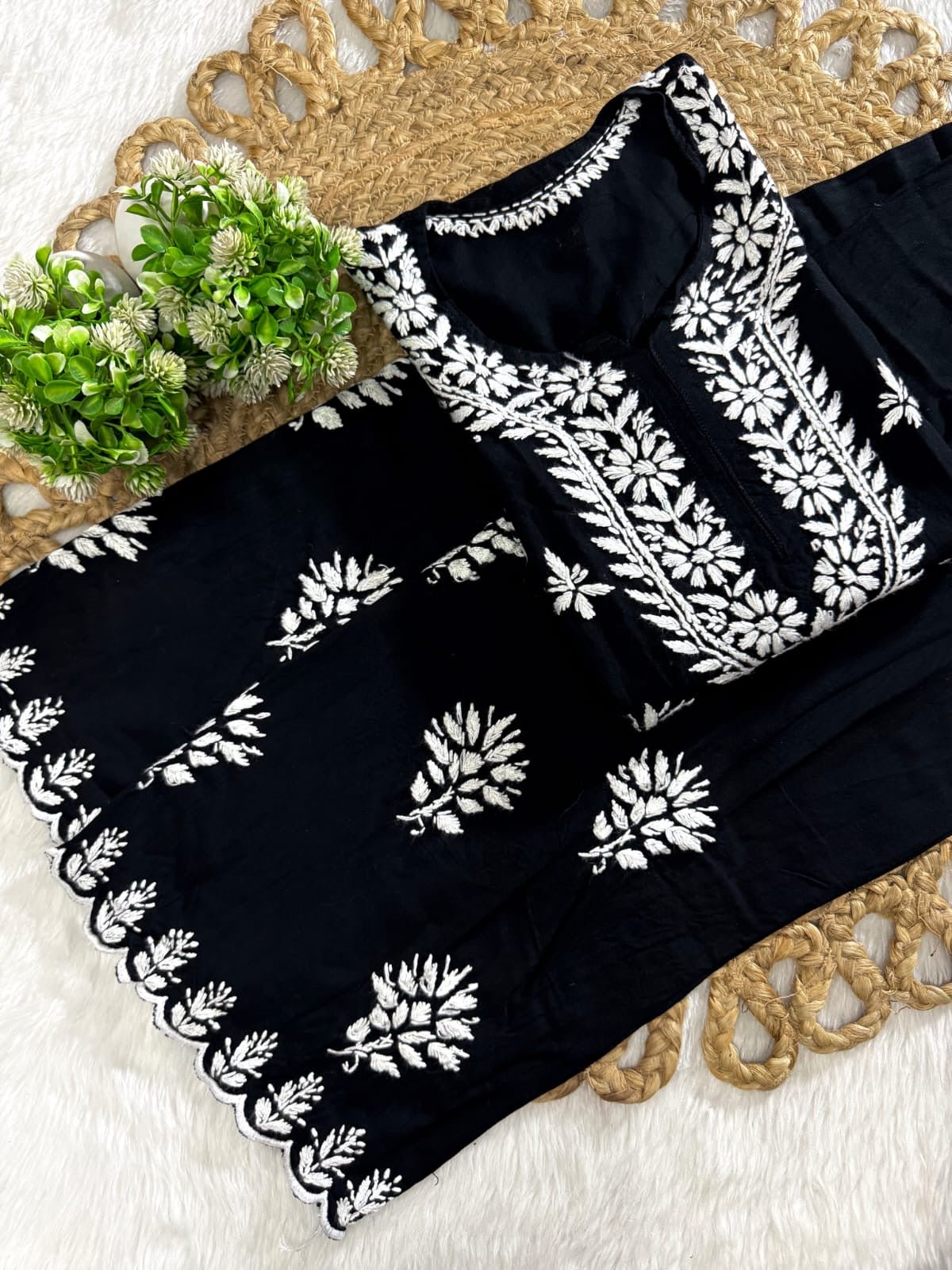 Cutwork White thread rayon 2pc - Chikankari official