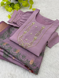Designed Kurti Pant Dupatta in Roman Soft silk touch - Chikankari official