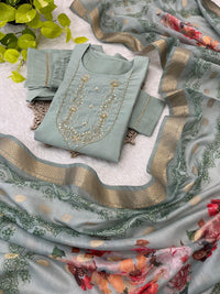 Designed Kurti Pant Dupatta in Roman Soft silk touch - Chikankari official