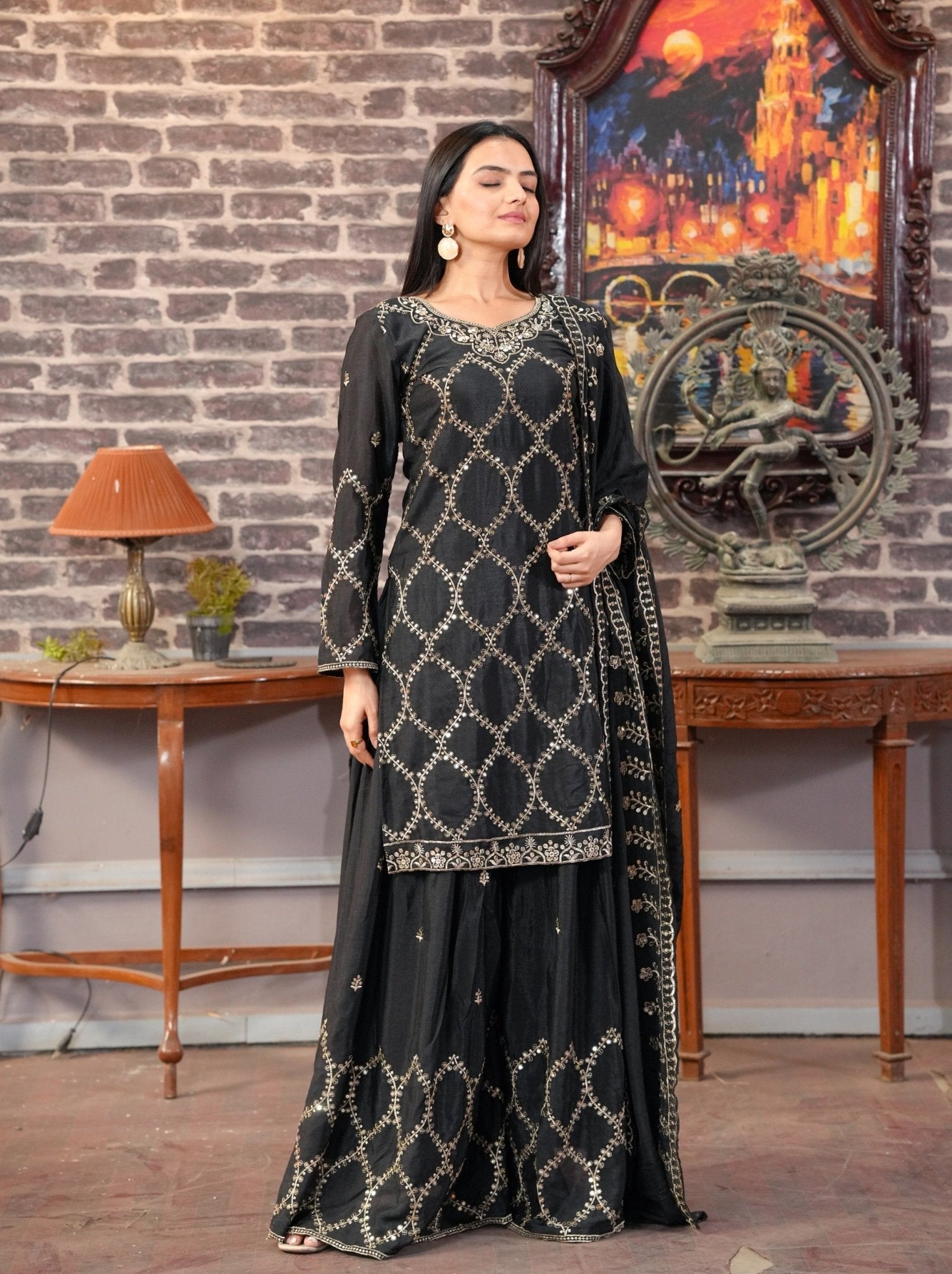 Designer Embroidered Chinon Sharara Suit with Beautiful Work - Chikankari official