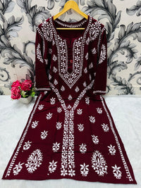 Designer Lanel with flower rayon Kurta - Chikankari official