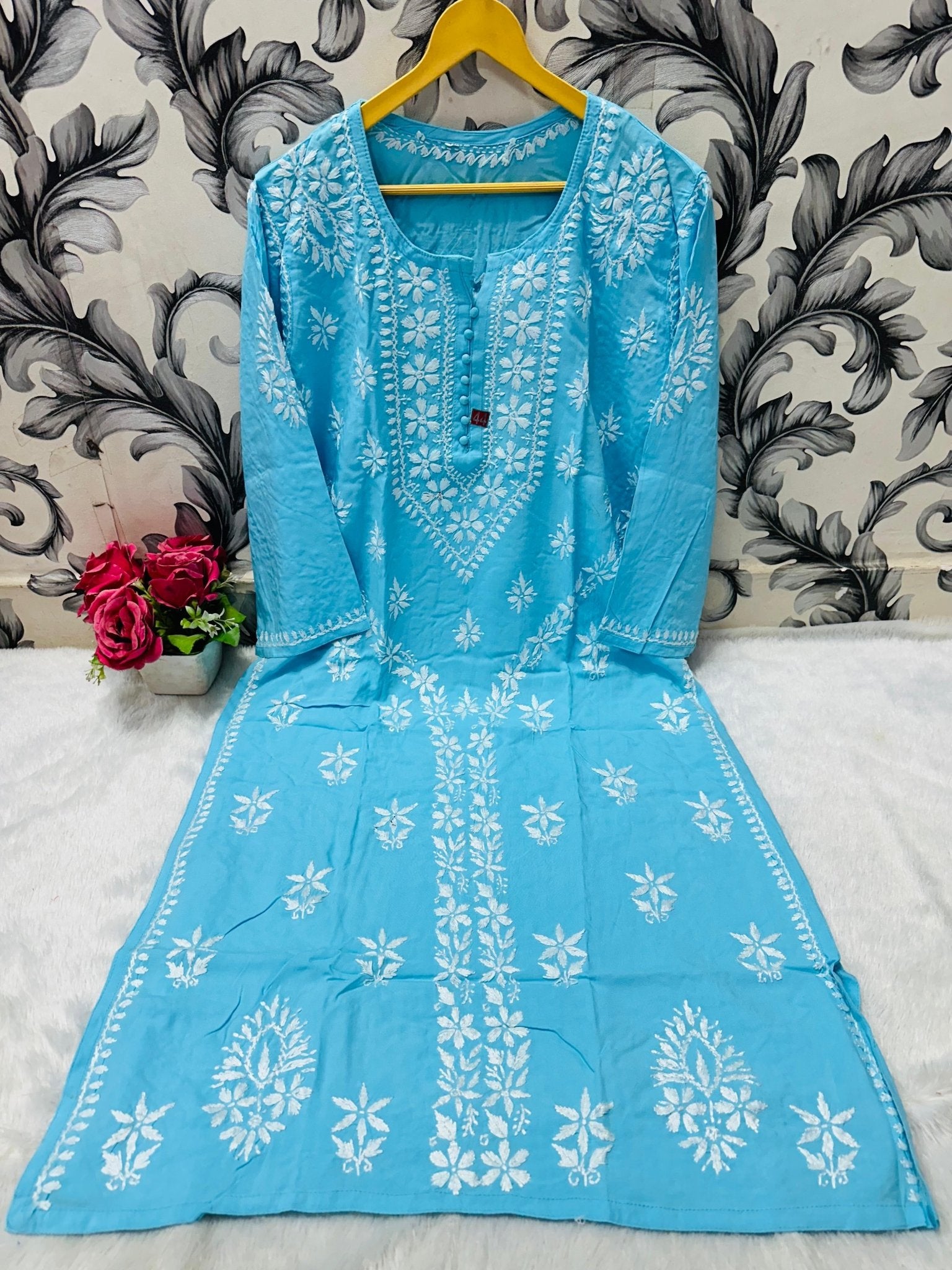Designer Lanel with flower rayon Kurta - Chikankari official