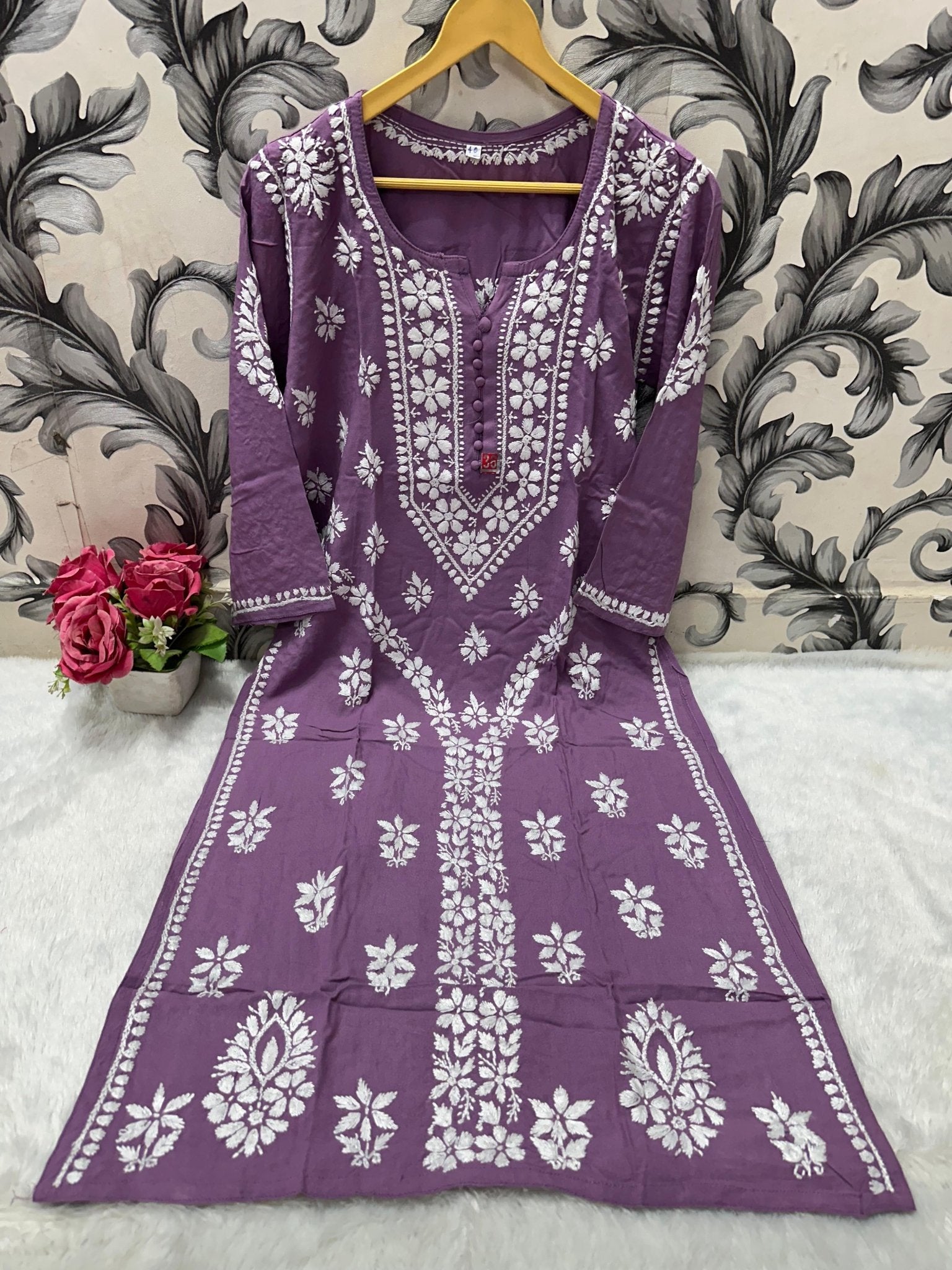 Designer Lanel with flower rayon Kurta - Chikankari official