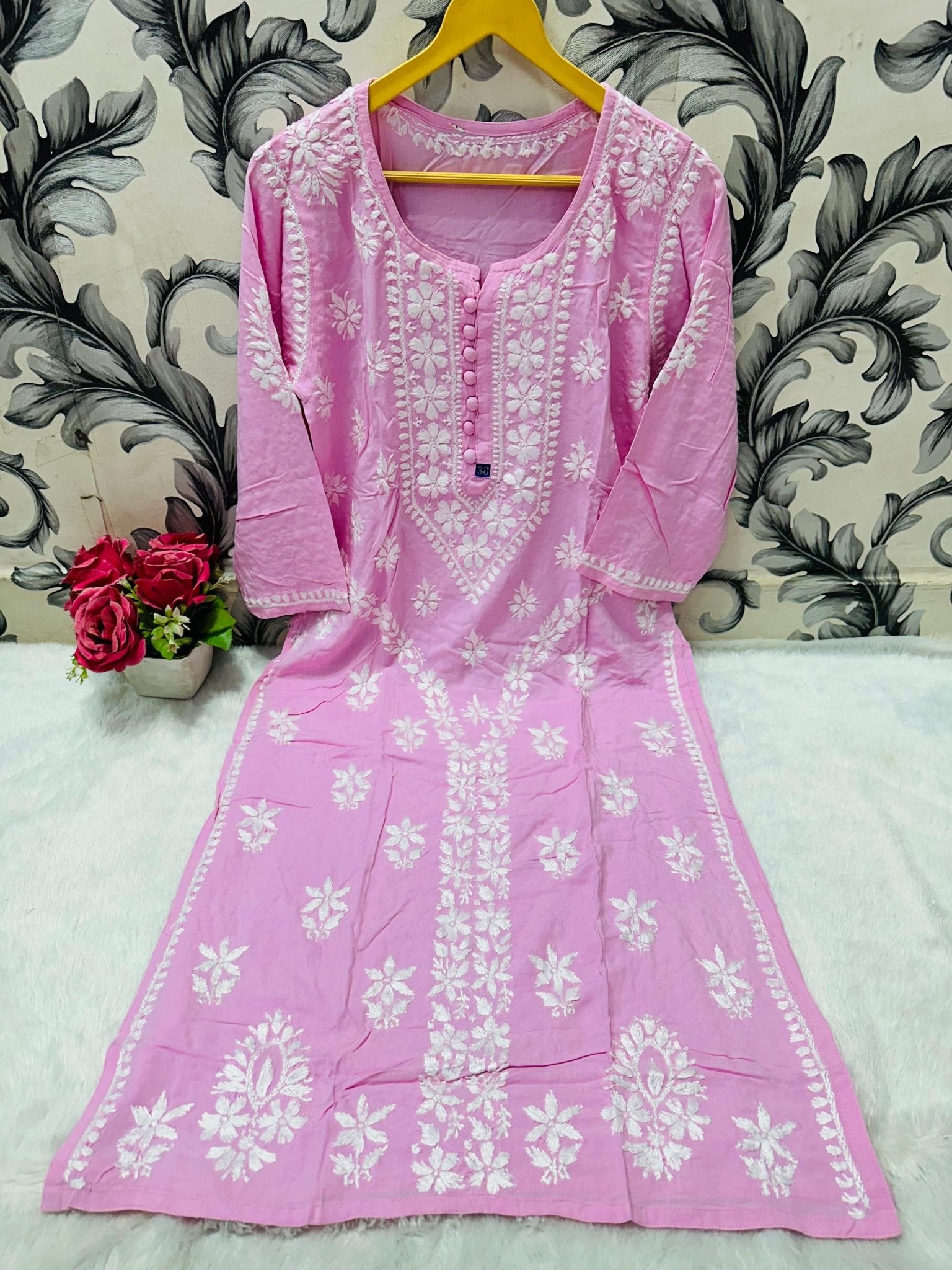 Designer Lanel with flower rayon Kurta - Chikankari official