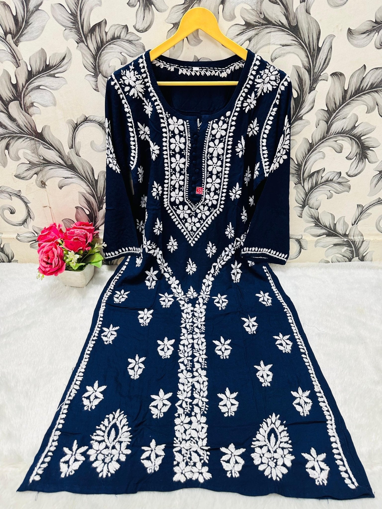 Designer Lanel with flower rayon Kurta - Chikankari official