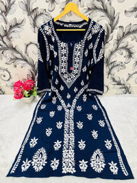 Designer Lanel with flower rayon Kurta - Chikankari official