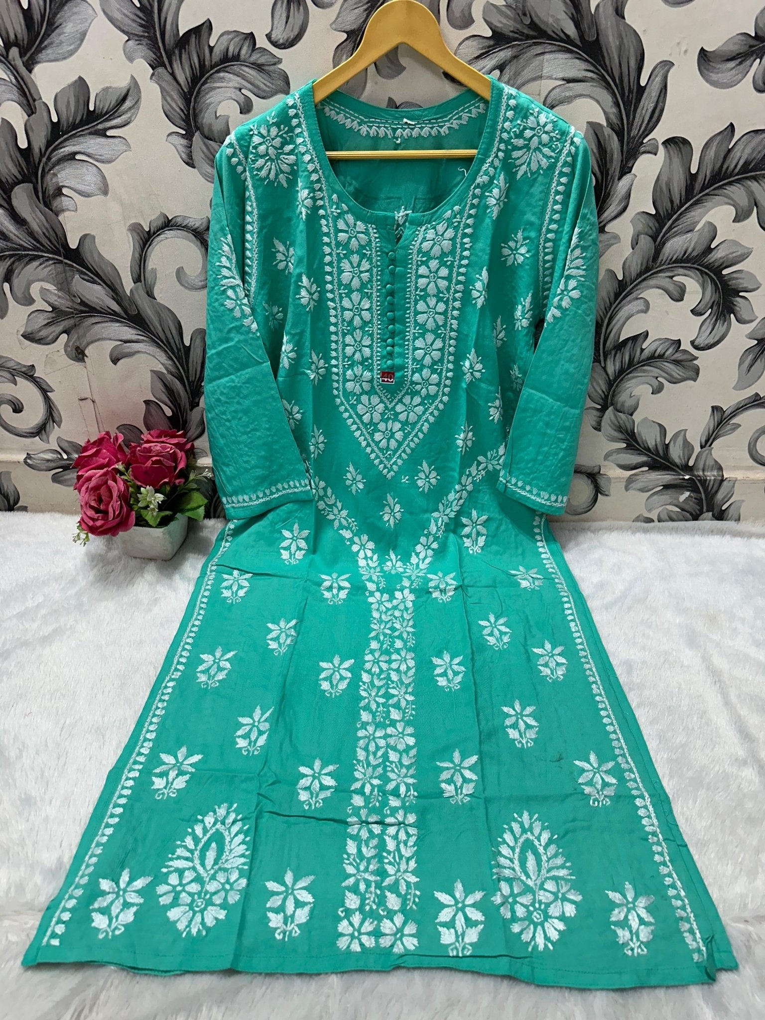 Designer Lanel with flower rayon Kurta - Chikankari official