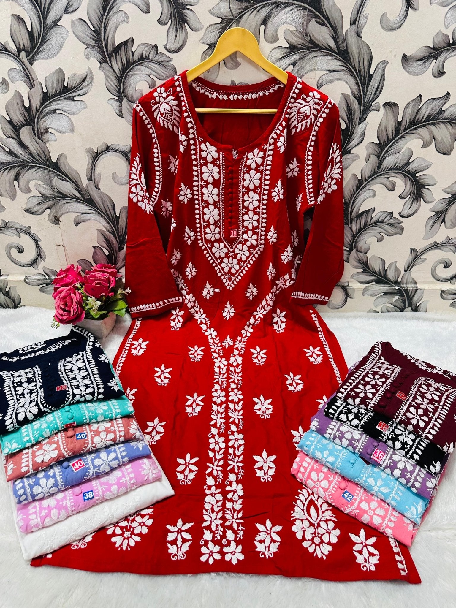 Designer Lanel with flower rayon Kurta - Chikankari official