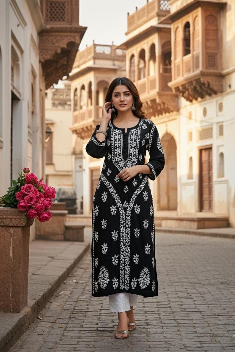 Designer Lanel with flower rayon Kurta - Chikankari official