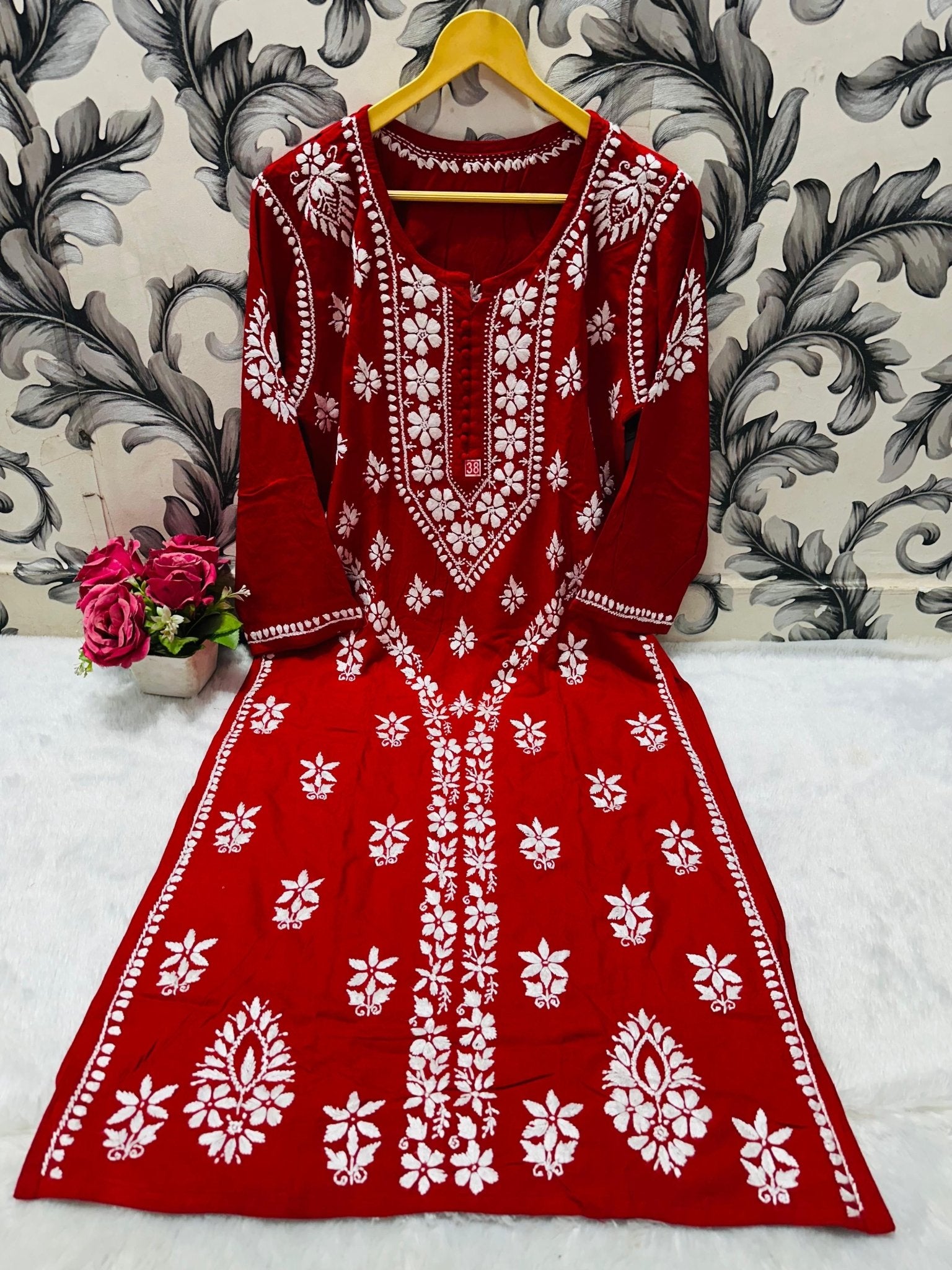 Designer Lanel with flower rayon Kurta - Chikankari official