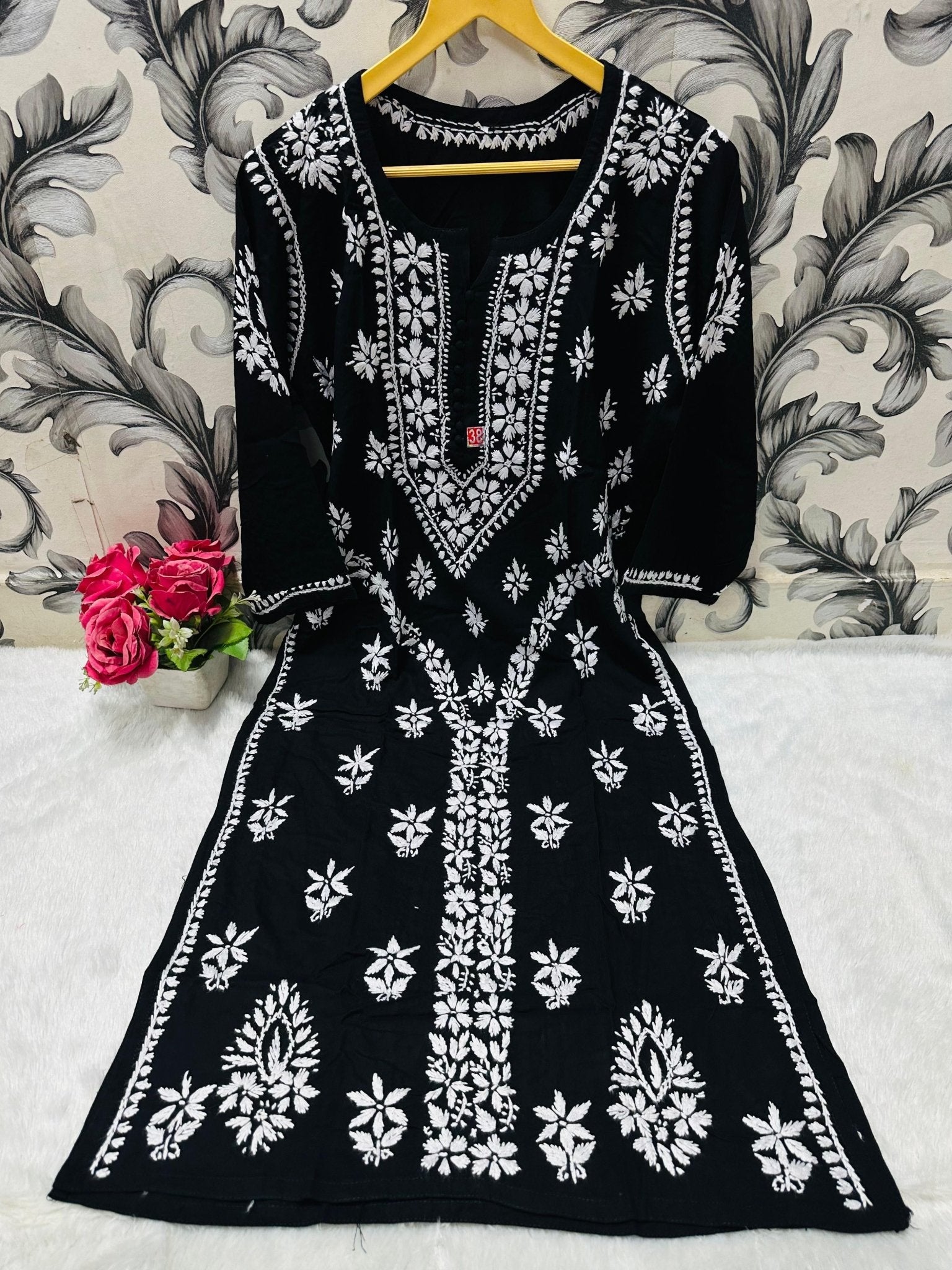 Designer Lanel with flower rayon Kurta - Chikankari official