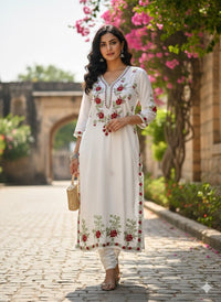Designer white kurta with dual colour thread fine chikankari work - Chikankari official