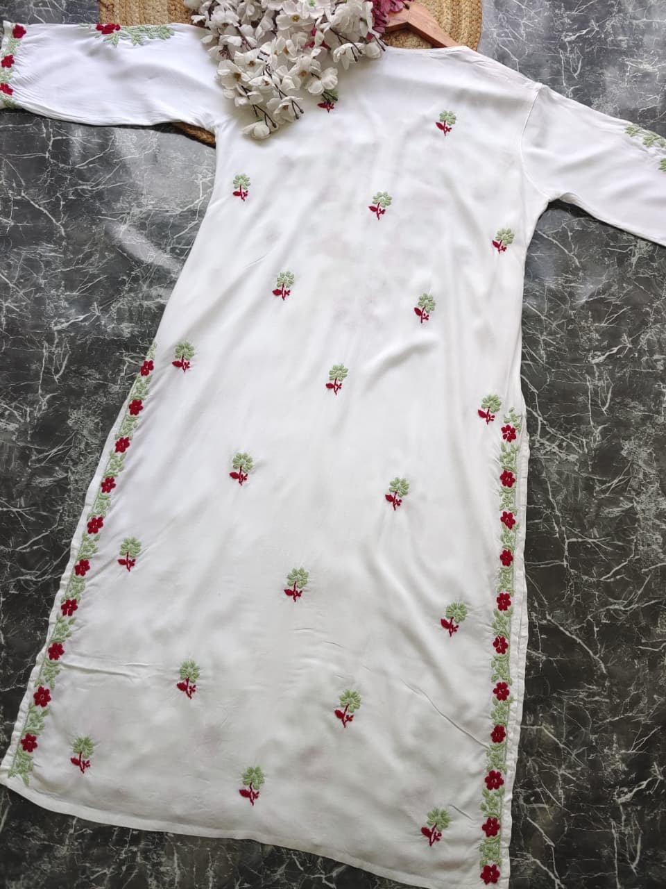 Designer white kurta with dual colour thread fine chikankari work - Chikankari official