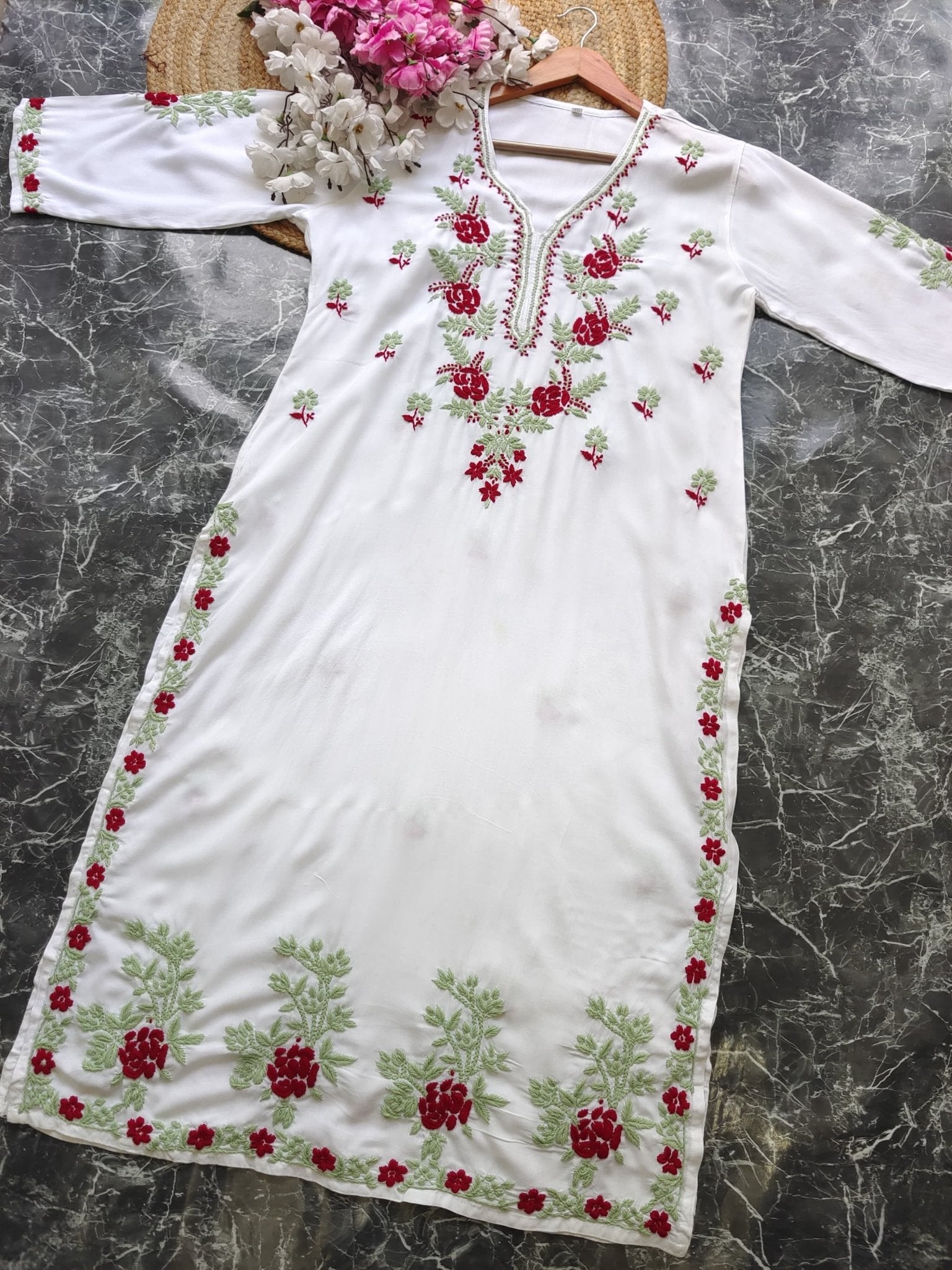 Designer white kurta with dual colour thread fine chikankari work - Chikankari official