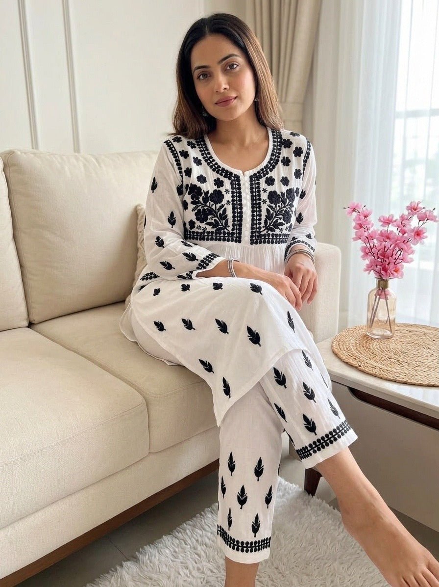 Dobby cotton 2pc black & White chikankari