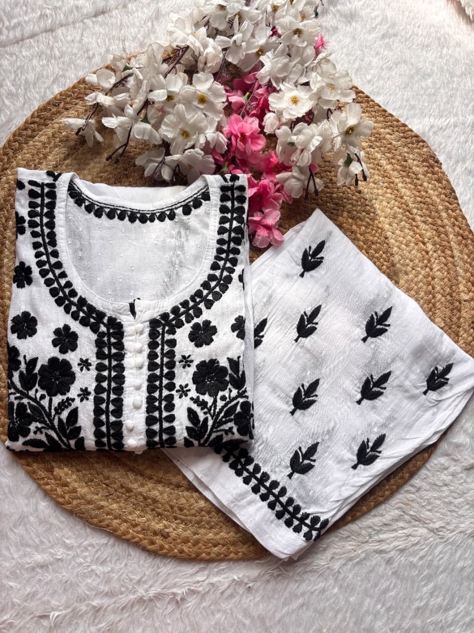 Dobby cotton 2pc black & White chikankari - Chikankari official