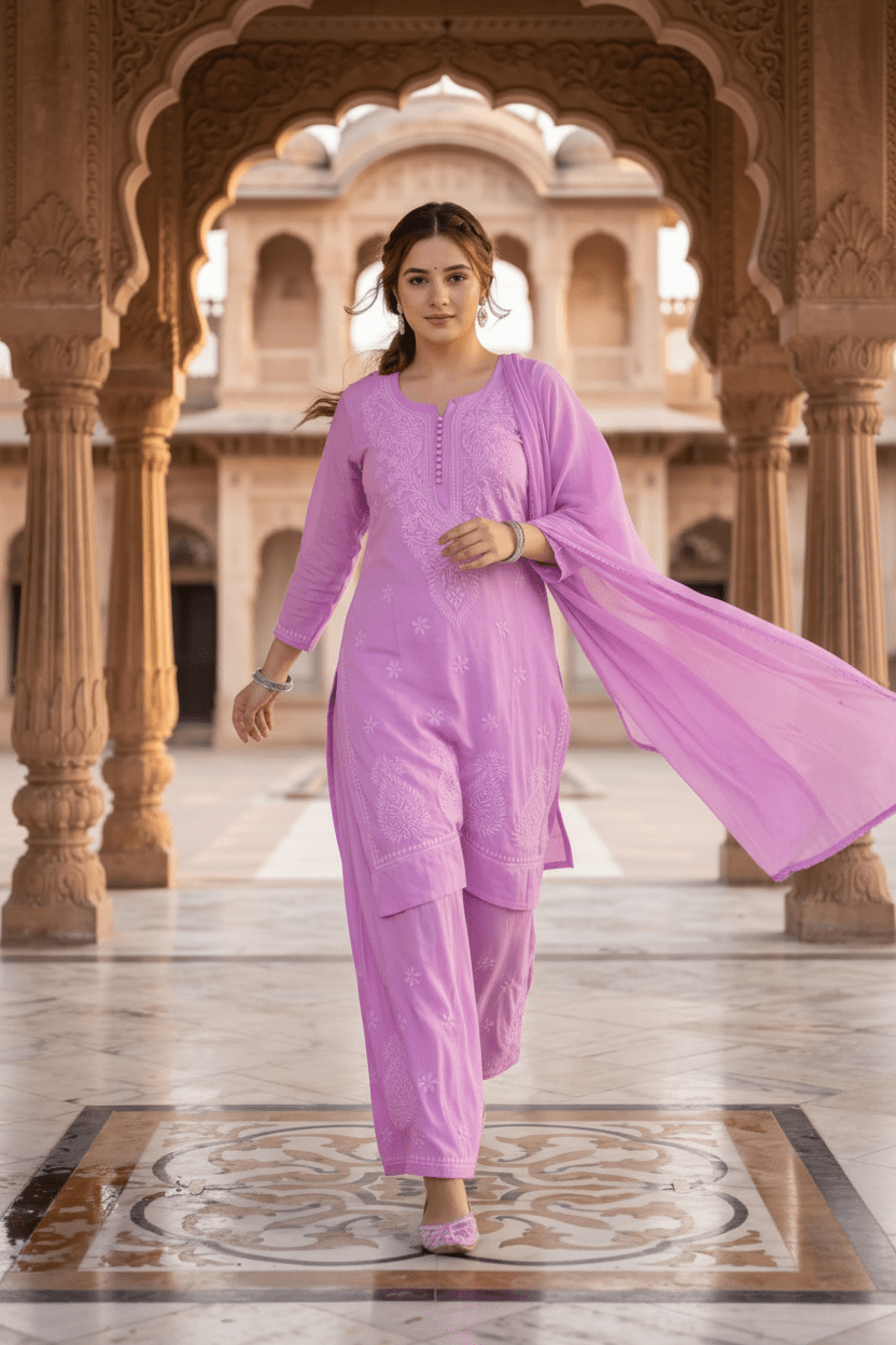Dobby Cotton Chikankari Co-ord 3pc Set | Chikankari Official - Chikankari official