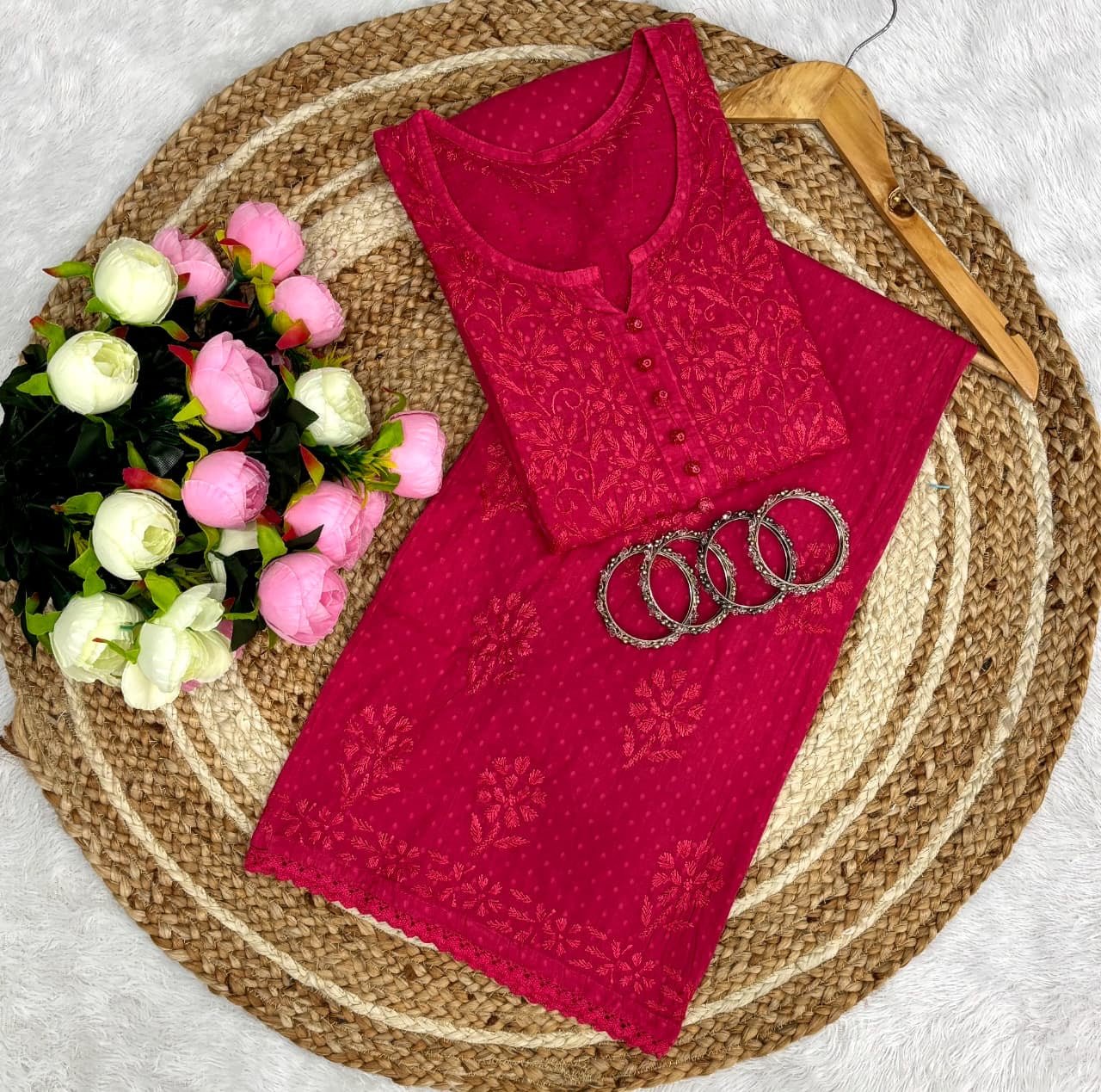 Dobby cotton embroidered tone to tone set - Chikankari official