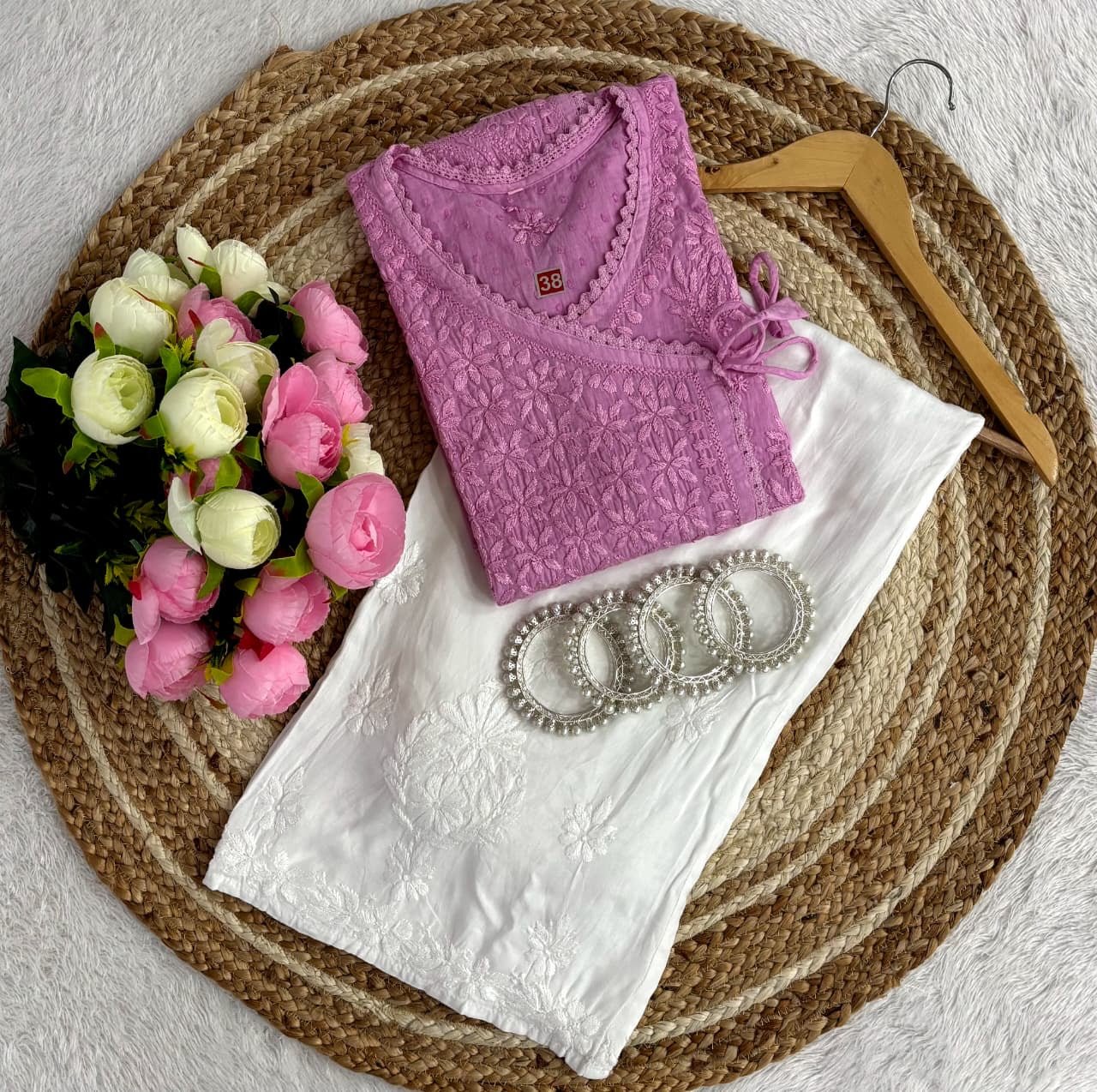 Dobby cotton Ghasspatti Dori Angrakha With Plazzo - Chikankari official