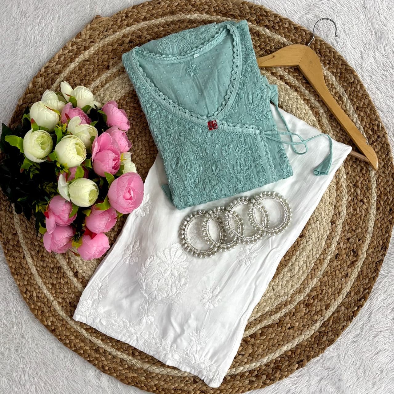 Dobby cotton Ghasspatti Dori Angrakha With Plazzo - Chikankari official