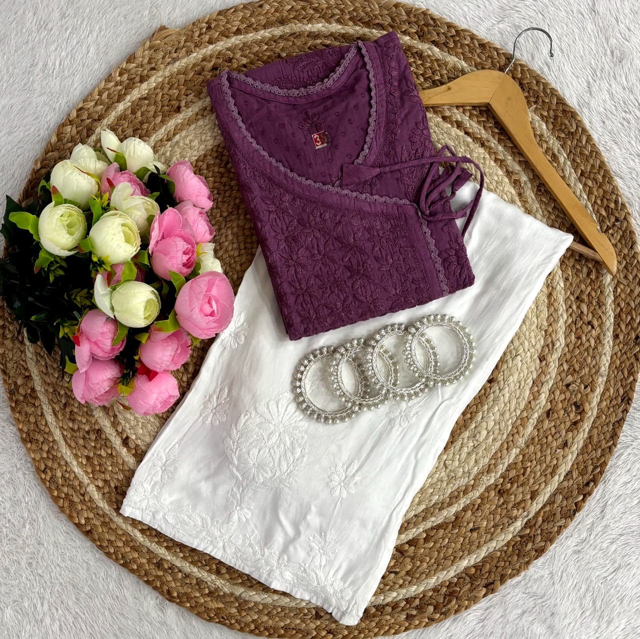 Dobby cotton Ghasspatti Dori Angrakha With Plazzo - Chikankari official