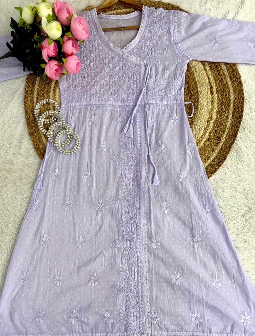 Dobby cotton Ghasspatti Dori Angrakha With Plazzo - Chikankari official