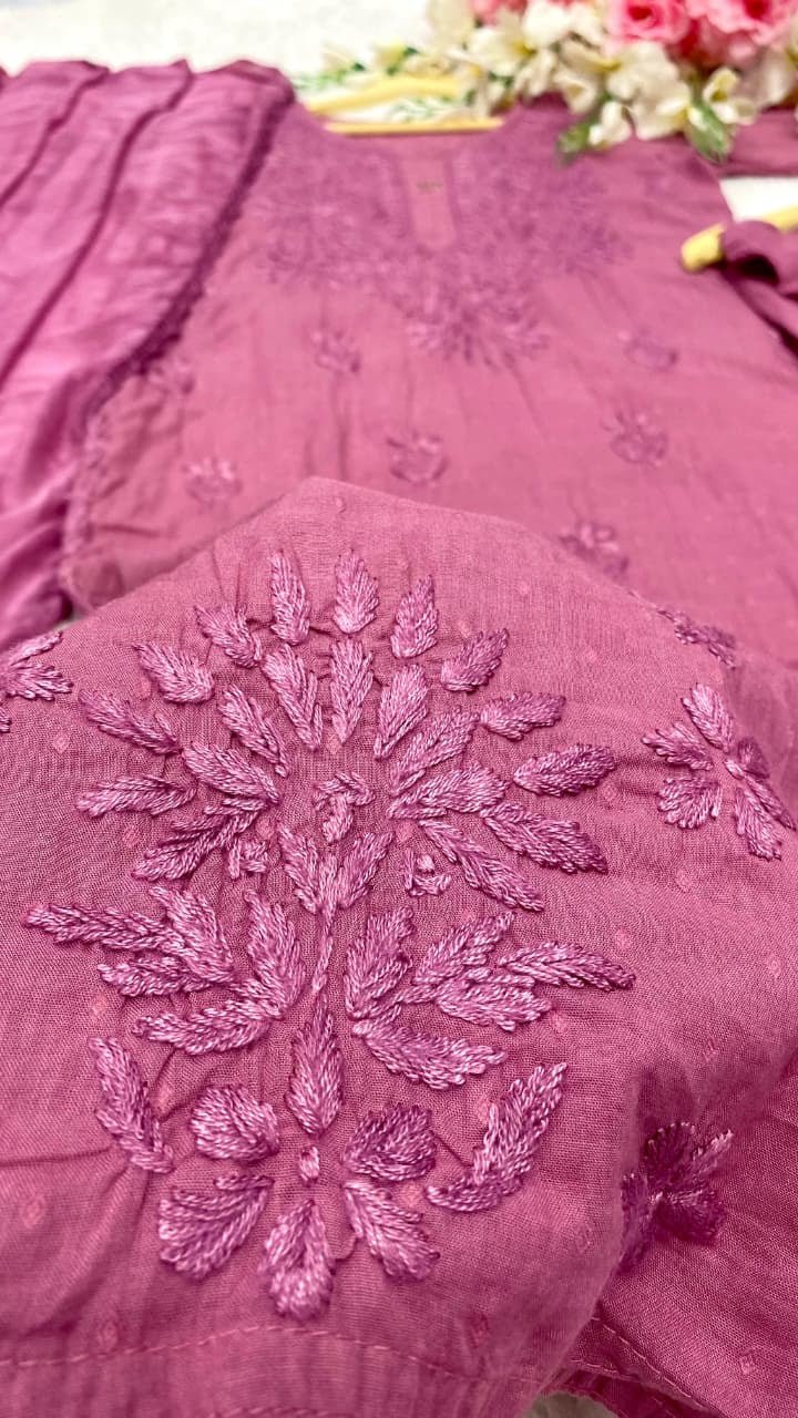 Dobby cotton Hand embroidered 3pc set - Chikankari official