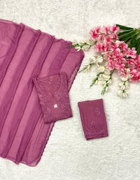 Dobby cotton Hand embroidered 3pc set - Chikankari official