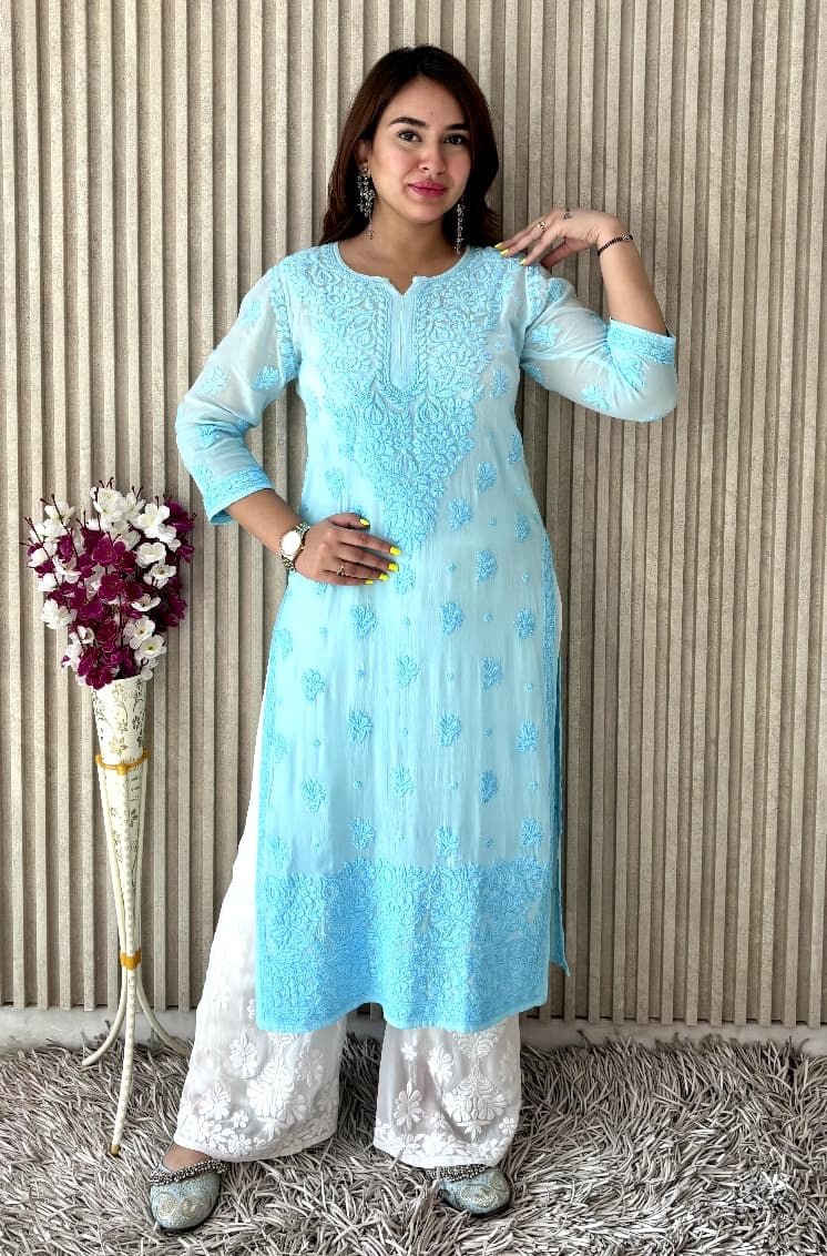 Dual Shades & Single Shades Viscose Kurti & Plazzo 70 Gram Anchor Thread 3D Work