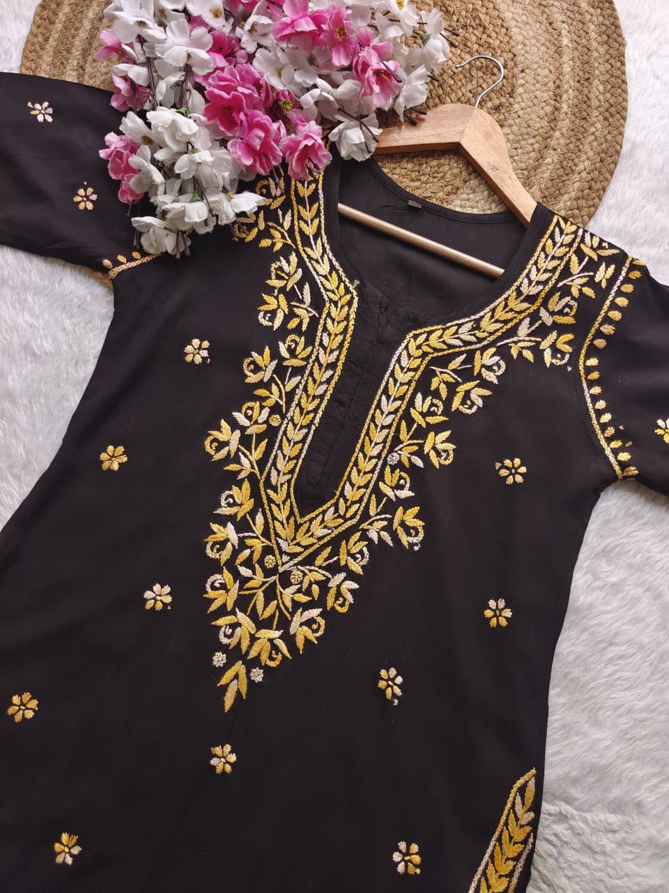 Dual thread black chikankari kurti with front and back work* - Chikankari official