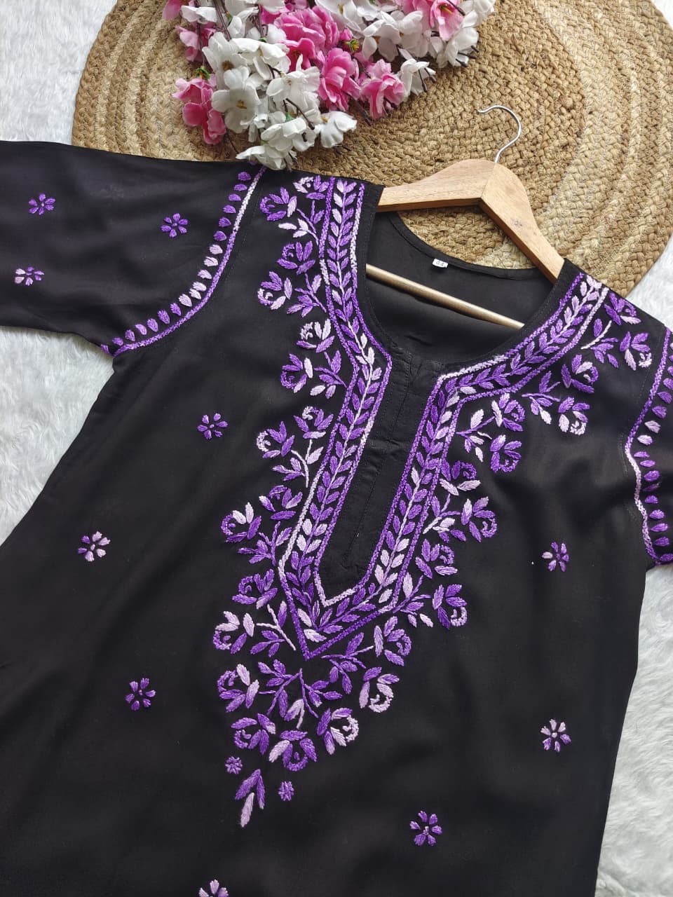 Dual thread black chikankari kurti with front and back work* - Chikankari official