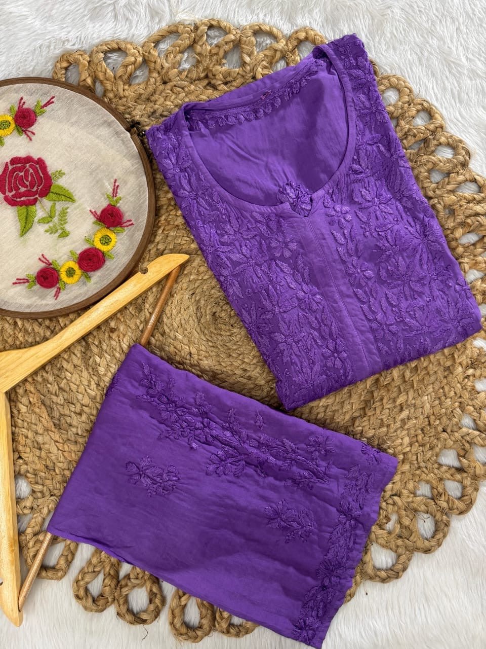 Dyed Modal kurti & plazzo Heavy 3d worked - Chikankari official