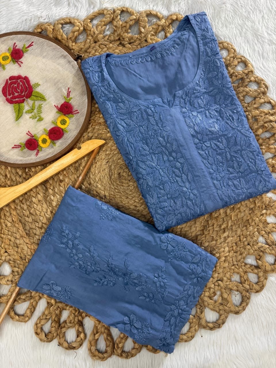 Dyed Modal kurti & plazzo Heavy 3d worked - Chikankari official