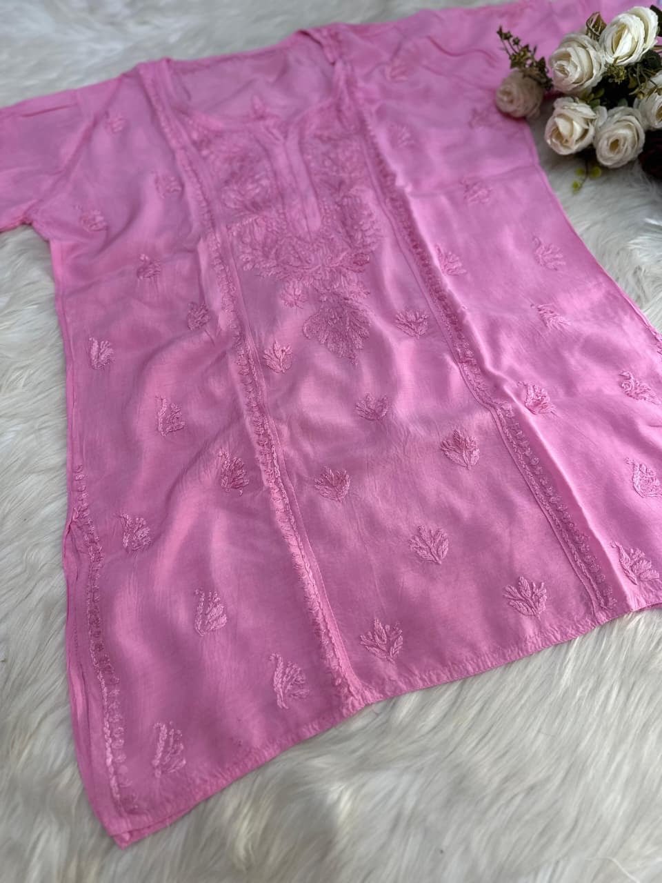 Dyed Muslin Short Chikankari Top - Chikankari official