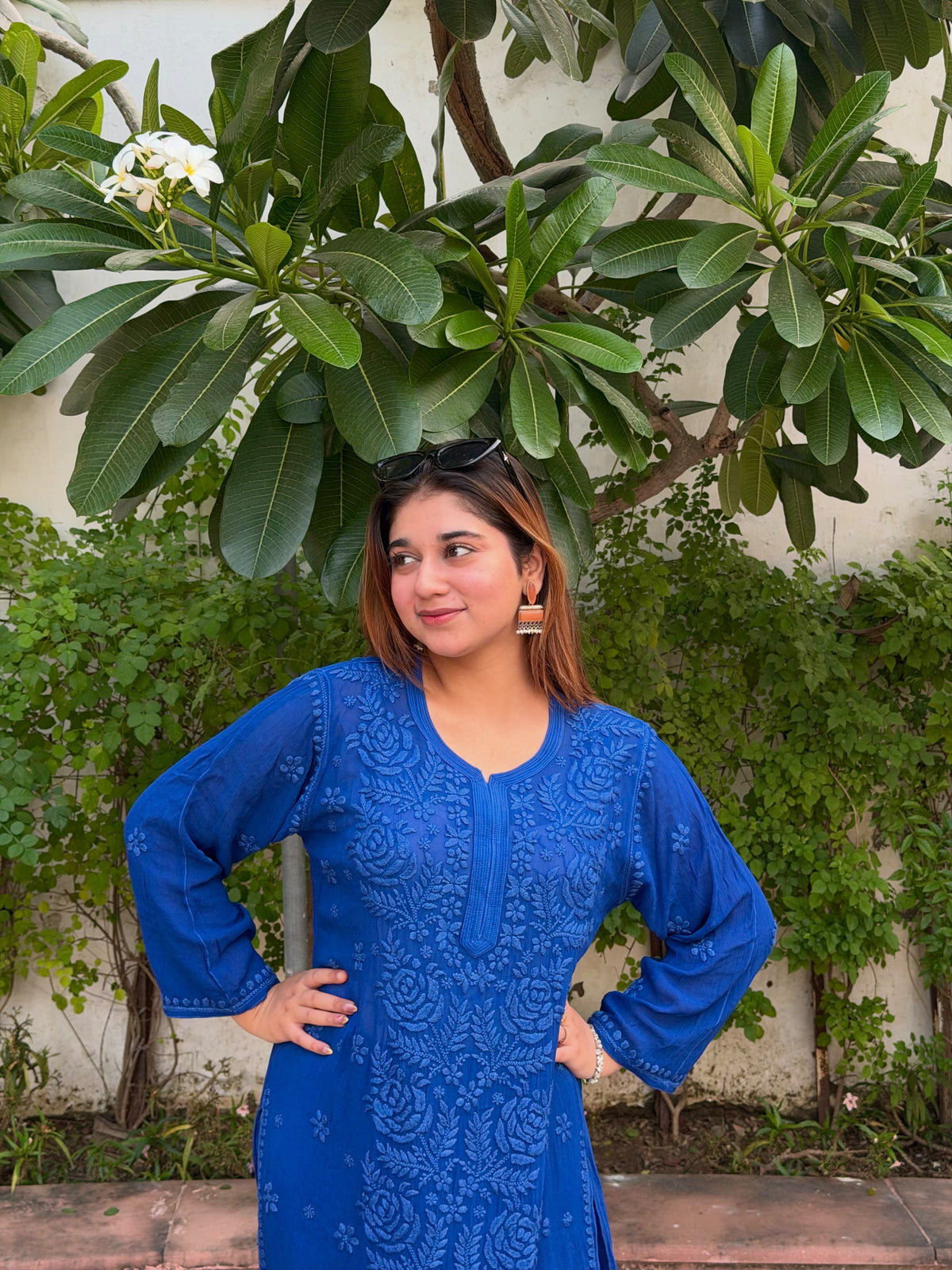 Rose Panel Viscose Chikankari Kurta with Palazzo