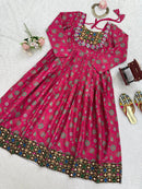 Elegant Fuchsia Pink Mirror Work Anarkali Gown with Intricate Embroidery - Chikankari official