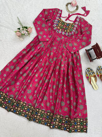 Elegant Fuchsia Pink Mirror Work Anarkali Gown with Intricate Embroidery - Chikankari official