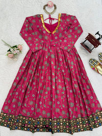 Elegant Fuchsia Pink Mirror Work Anarkali Gown with Intricate Embroidery - Chikankari official