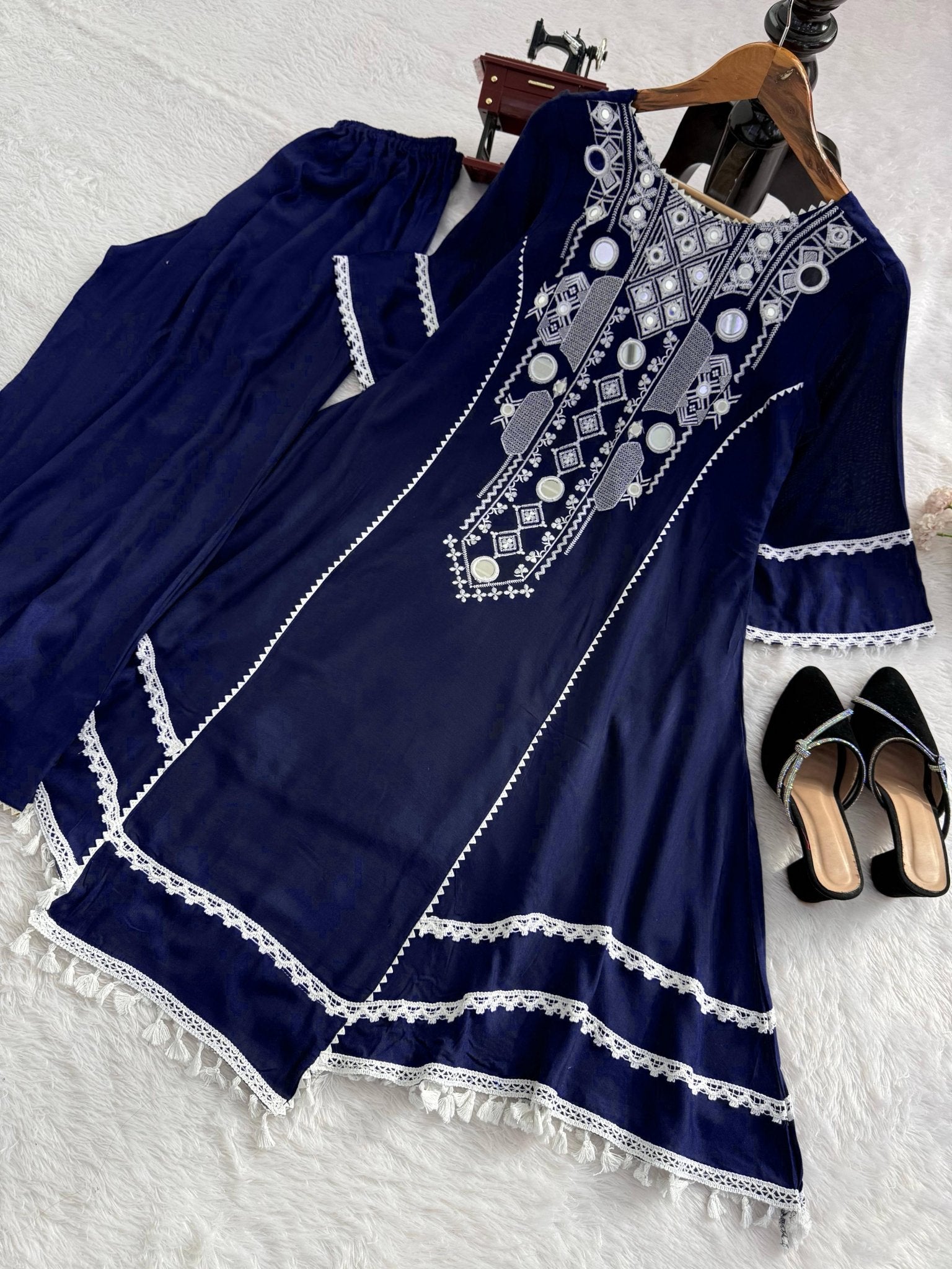 Elegant Rayon Kurti Set with Mirror & Lace Detailing - Chikankari official