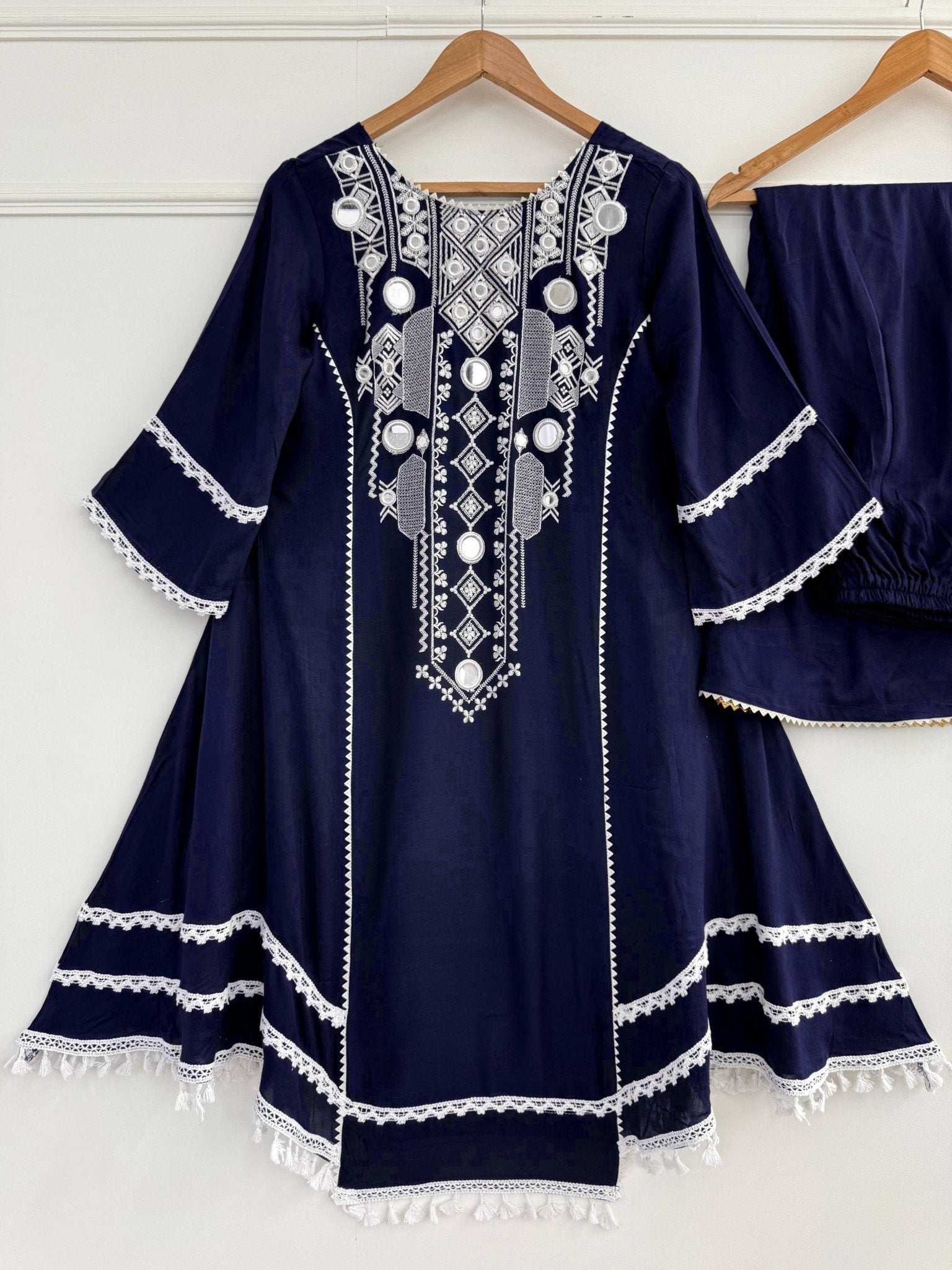 Elegant Rayon Kurti Set with Mirror & Lace Detailing - Chikankari official