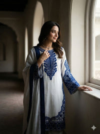 Elegant White & Blue Embroidered Top Plazzo Dupatta Set - Chikankari official