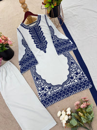 Elegant White & Blue Embroidered Top Plazzo Dupatta Set - Chikankari official
