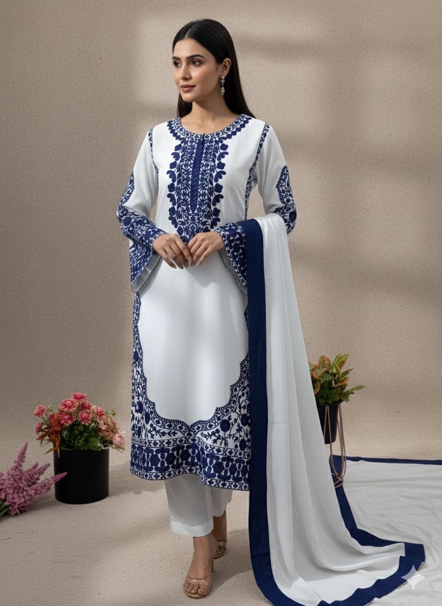 Elegant White & Blue Embroidered Top Plazzo Dupatta Set - Chikankari official