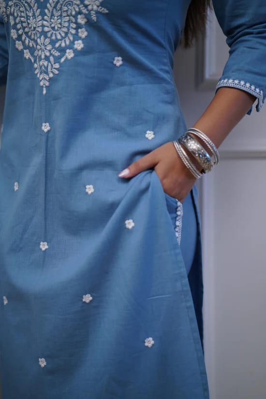 Embroidered Panel Worked Straight Cotton Kurta Set - chikankariofficial